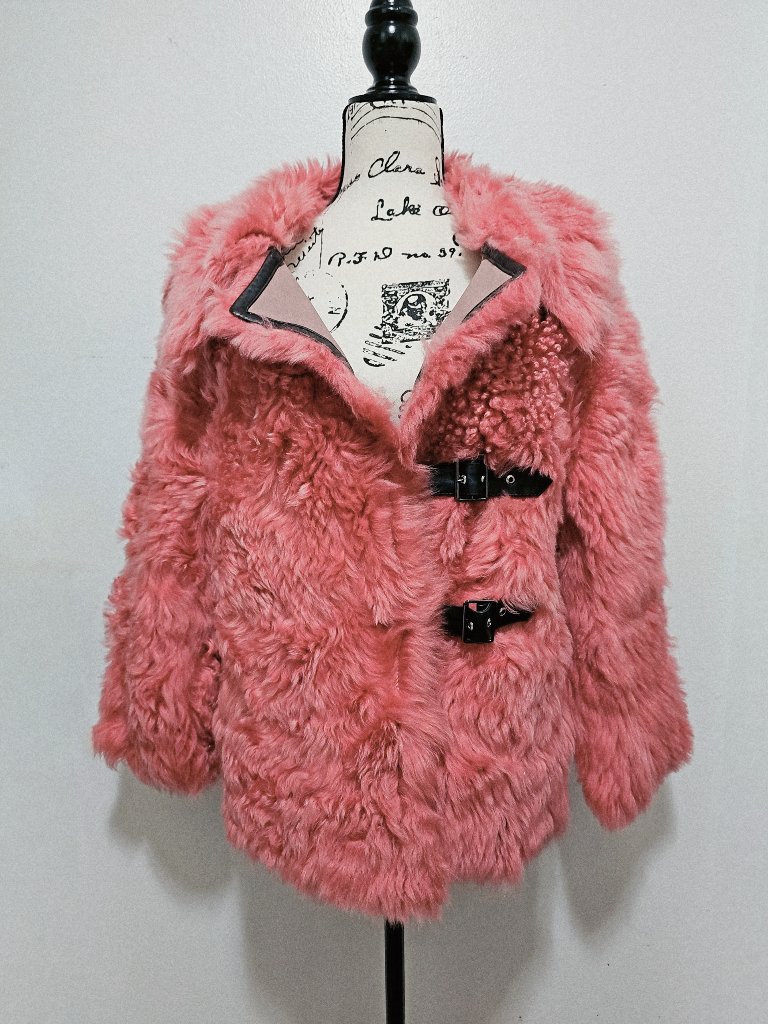New Real Sheepskin Toscana Long-Hair Lamb Fur Jacket Watermelon Red Raspberry